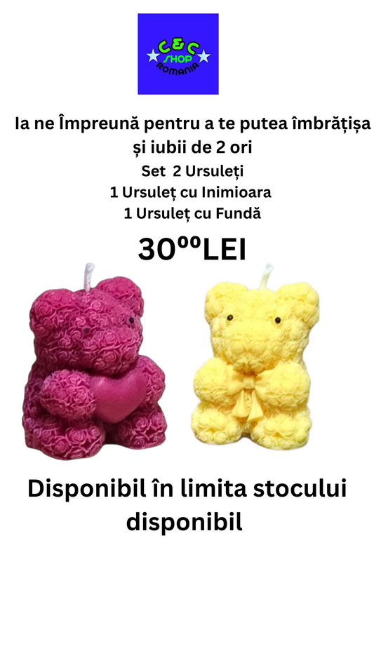 Set 2 Ursuleți Lumânări Parfumate 1 Ursuleț cu Inimioara ,  1 Ursuleț cu Fundă
