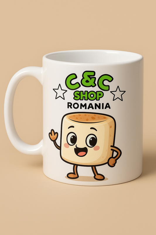 Cană Albă Happy Marshmallow si sigla C&C Shop România
