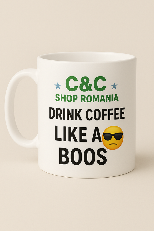 Cana Alba Cu Sigla C&C Shop România si Mesaj : Drink Coffe Like A Boss