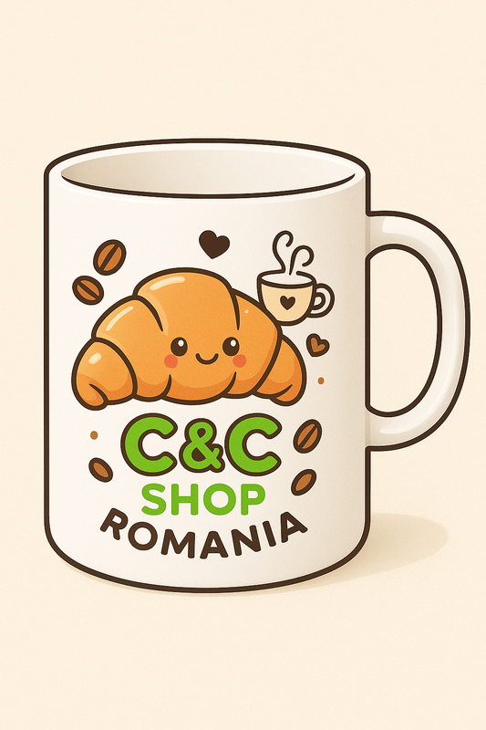 Cana Super Cute cu Sigla C&C Shop România Motive de Cafea si Croissant cute